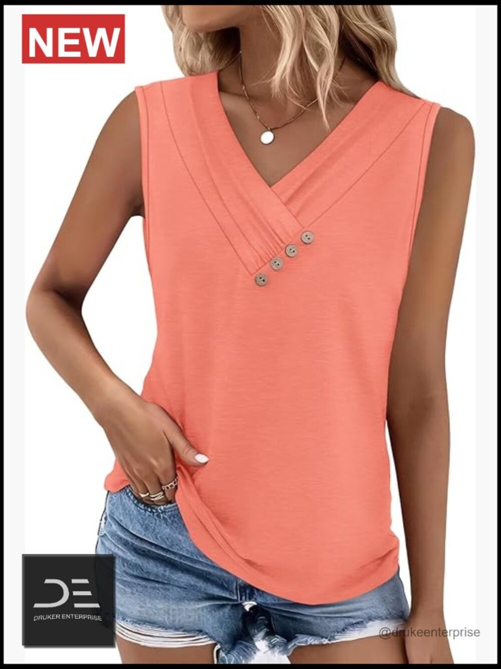 Button Down V-Neck Sleeveless Tank Top Loose Fit Summer T-Shirt